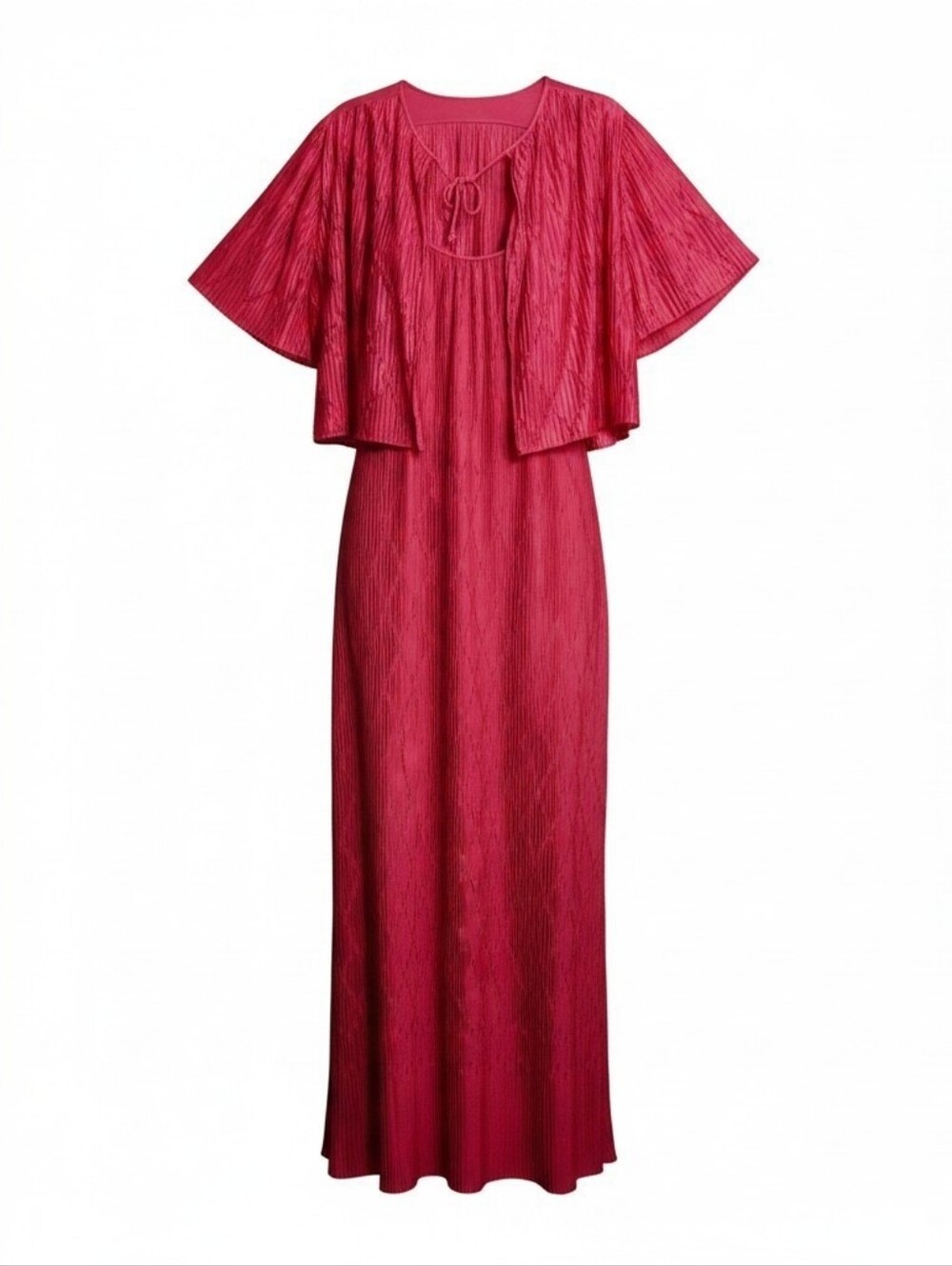Vintage Kayser 2pc Peignoir Nightgown Set Magenta Pink Flutter Sleeve Cape Maxi